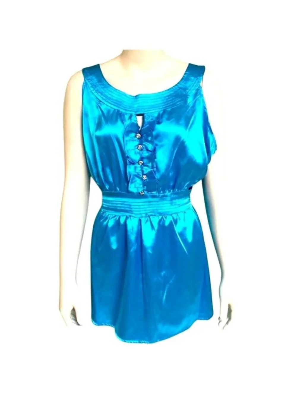 Finesse 2XL Turquoise Satin Tunic Top Rhinestone Ruffle Glamcore Party Retro Y2K - Picture 2 of 7